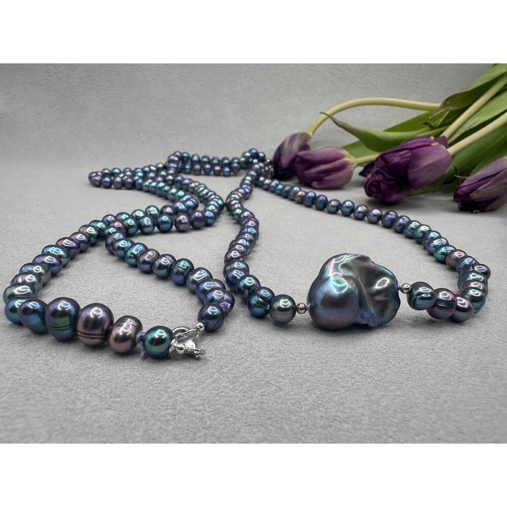 50 Peacock Freshwater Pearl Necklace Baroque Center Hand Knotted Silver Clasp